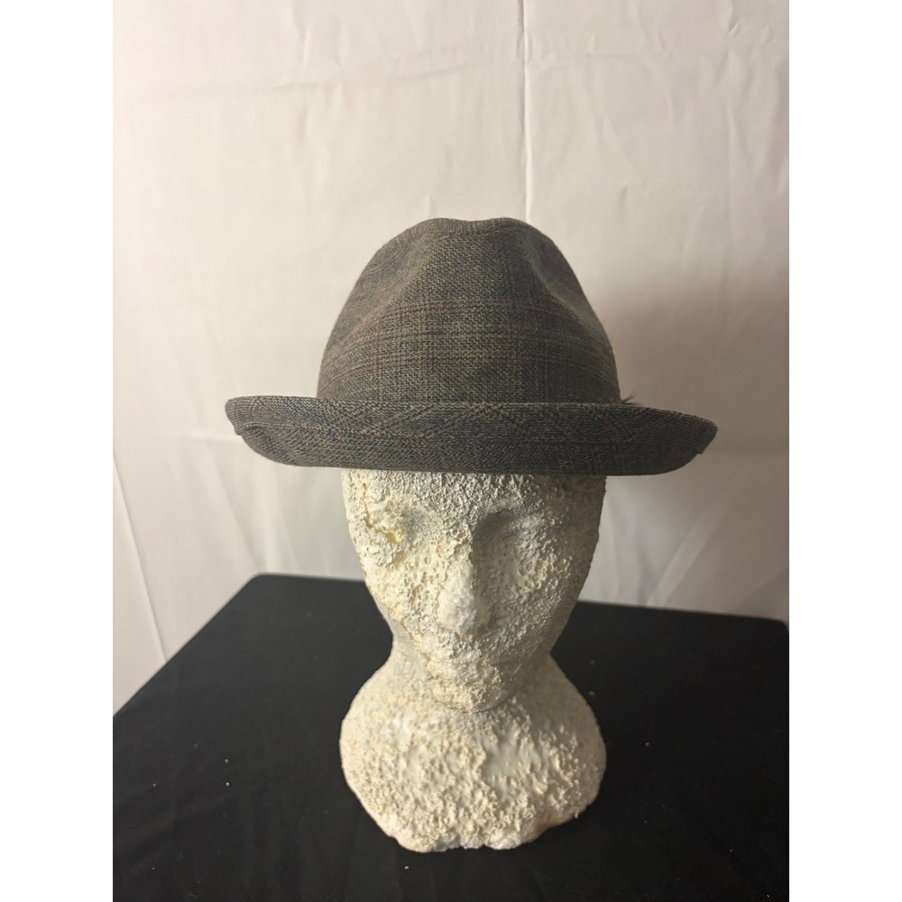 Stevens Fedora Hat Mens 7 1/8 Brown Plaid‎ Feather Accent Vintage Style